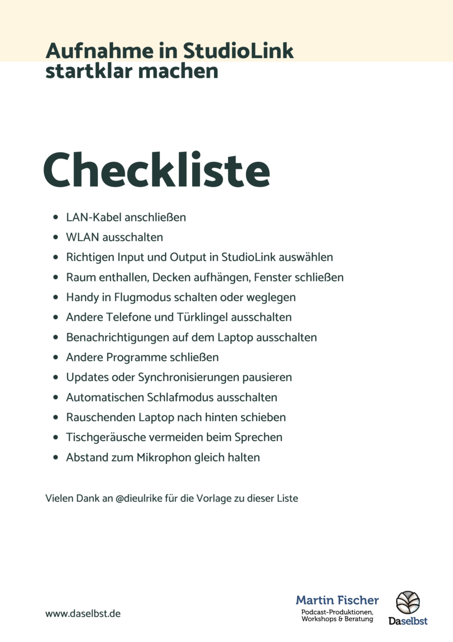 Checkliste StudioLink